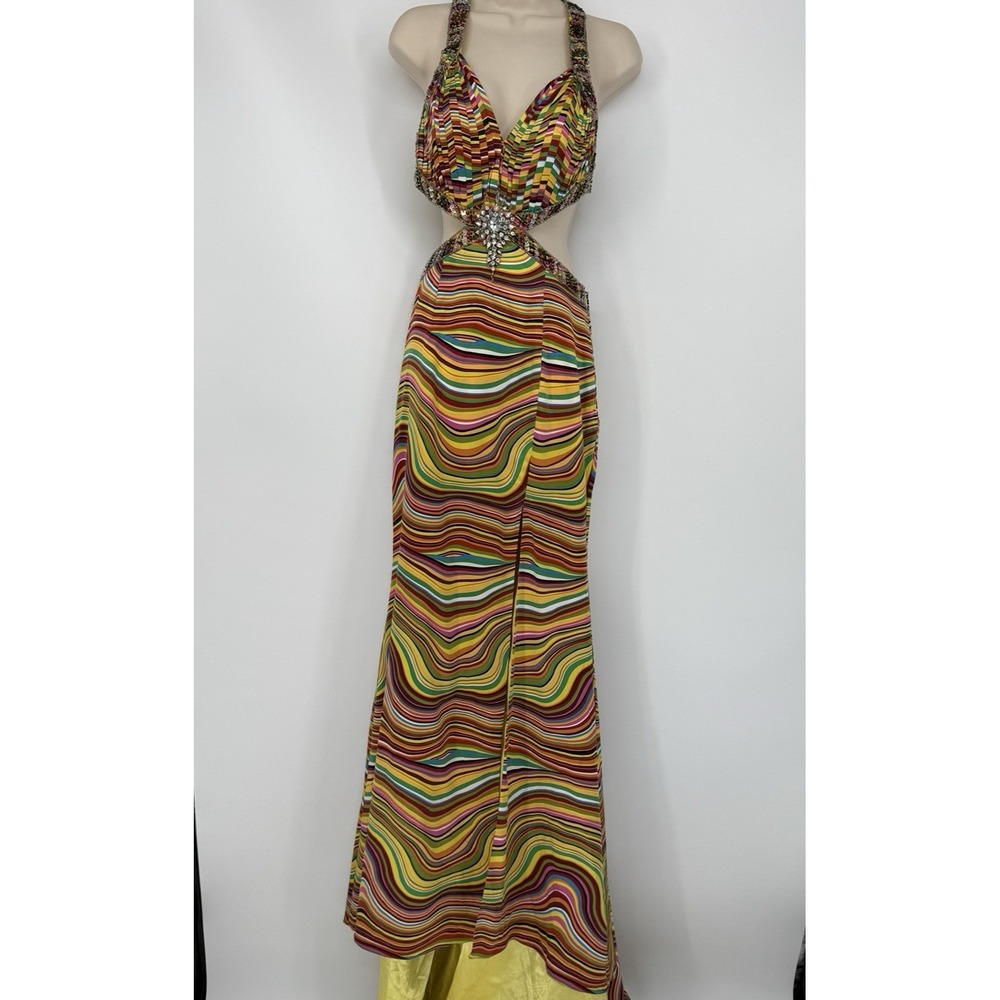 Tony‎ Bowls Paris Rainbow Psychedelic Beaded Cutout Pageant Gown Dress 4